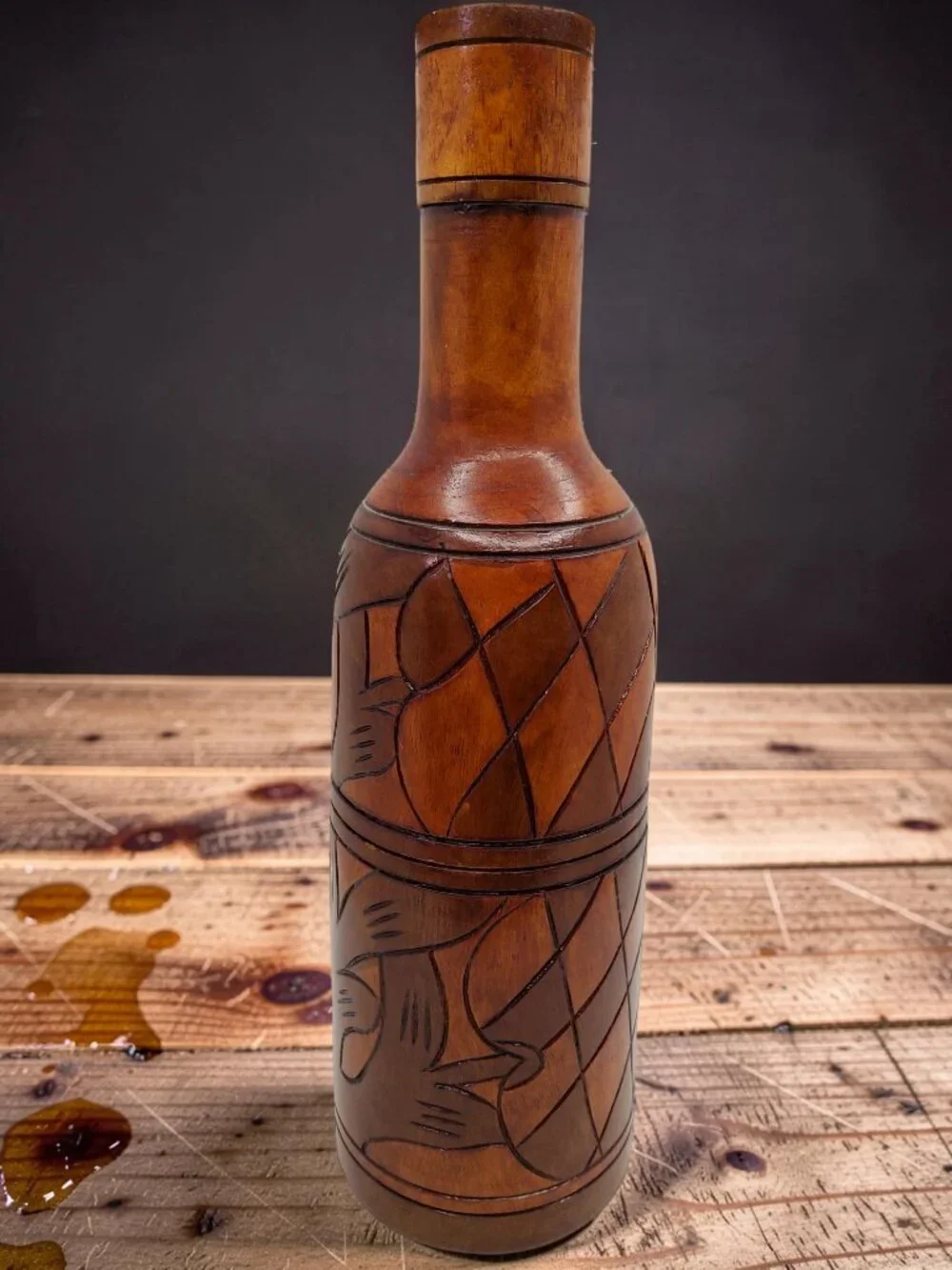 vintage mexico hand-carved 3 section wood wine bottle carrier case/carafe